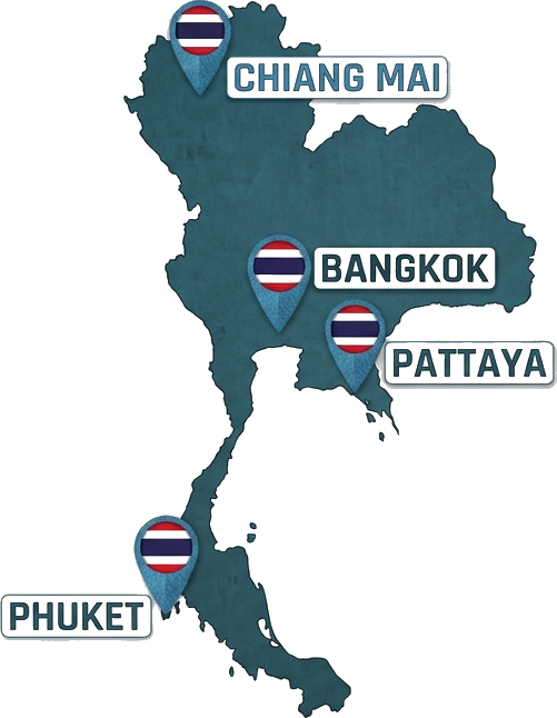 Thailand map showing Bangkok, Chiang Mai, Pattaya, and Phuket coverage points