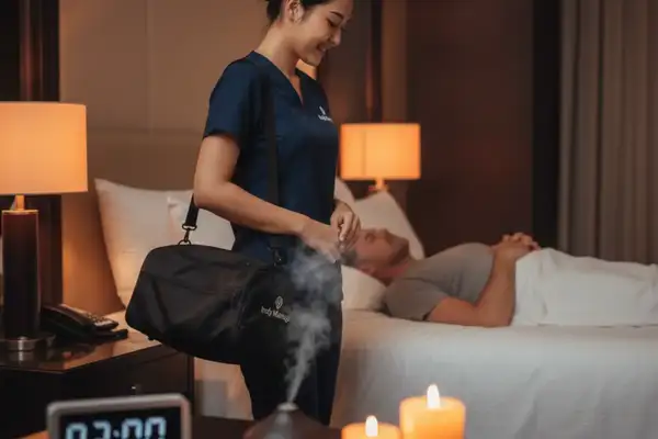 Late-night in-room massage setup in a Bangkok hotel room