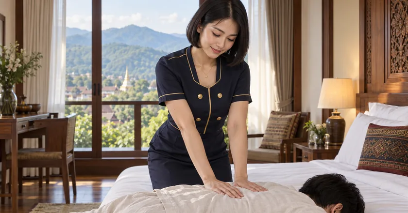 Best massage in Chiang Mai, a therapist gives a Thai massage in a hotel room
