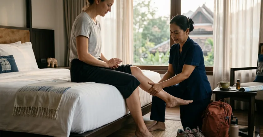 Chiang Mai hotel-room recovery massage setup after a long hiking day