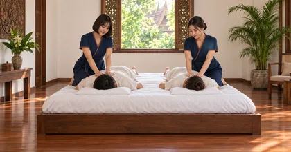 Couples massage in Chiang Mai, two therapists work on a couple side by side in a hotel room