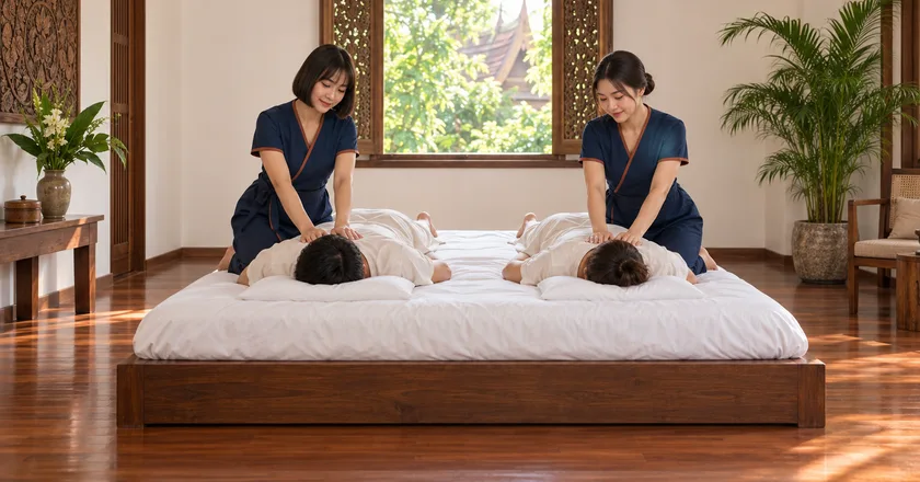 Couples massage in Chiang Mai, two therapists work on a couple side by side in a hotel room