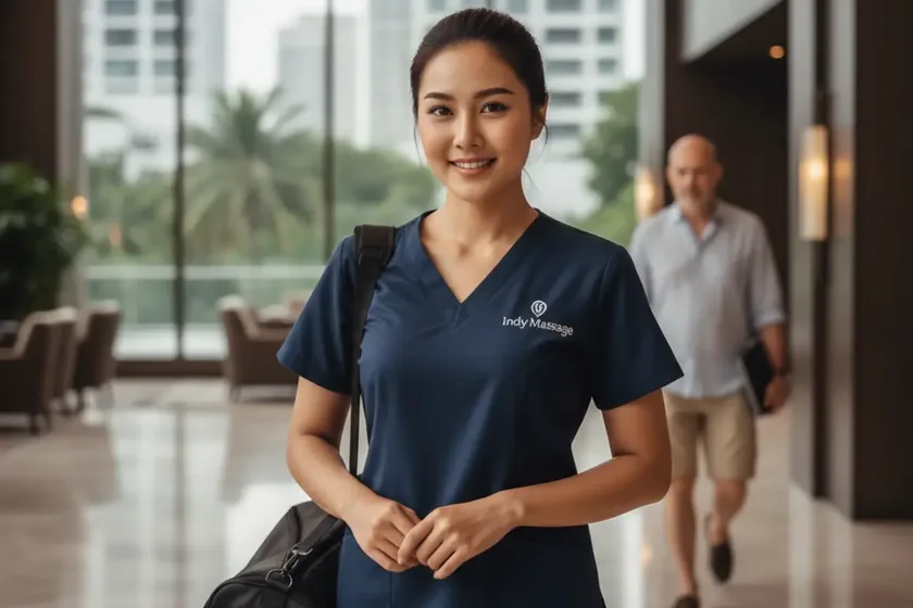 Professional therapist arriving at a modern Bangkok condo lobby