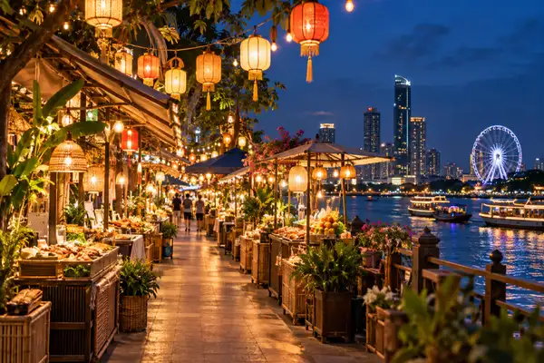 Lantern lit night market on the Chao Phraya riverside in Bangkok with a Ferris wheel in the distance