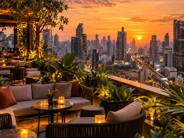 Rooftop bar above Sukhumvit at sunset with plants around the seats
