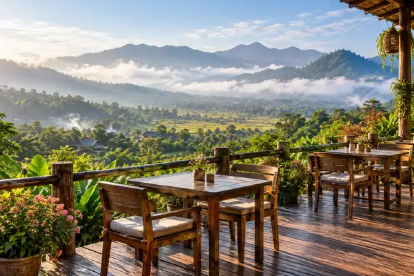 Indy Massage Chiang Mai: Chiang Mai cafes with a view, a hillside terrace over a green valley near Mae Rim
