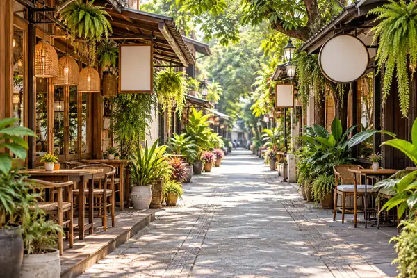 Indy Massage Chiang Mai: Nimman cafes on a leafy lane with wooden shopfronts and outdoor tables