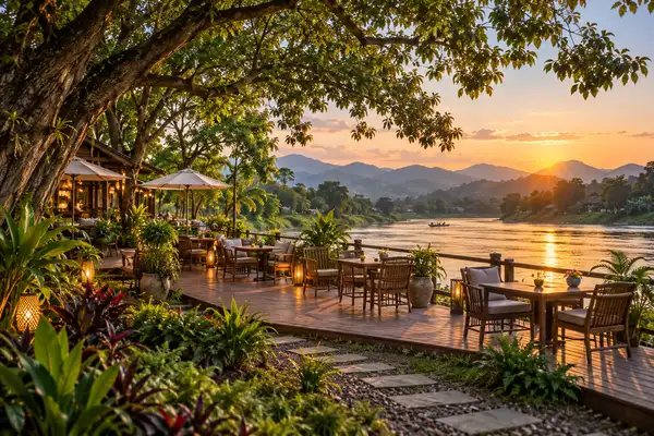 Indy Massage Chiang Mai: Chiang Mai riverside cafes, a garden cafe deck beside the Ping River