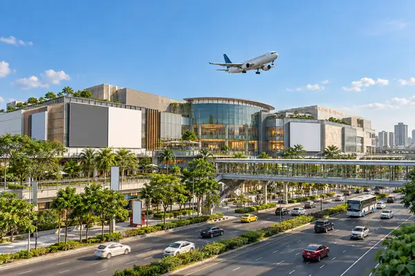 Central Airport mall in Chiang Mai: shopping mall beside a road with a plane flying low behind it