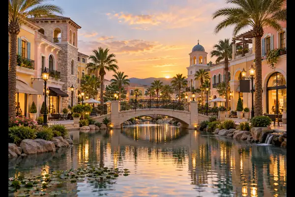 Promenada mall in Chiang Mai: resort style pastel buildings around a calm pond
