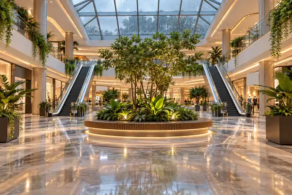 Chiang Mai mall atrium on a rainy day: glass skylight with rain, plants and escalators