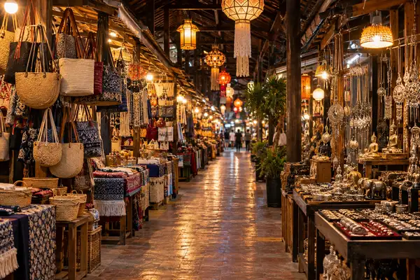 Food stalls and shop lights at Anusarn Market in Chiang Mai in the evening