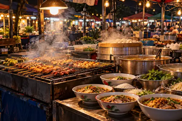Close up of grilled skewers and noodle bowls on a street food stall at night in Chiang Mai