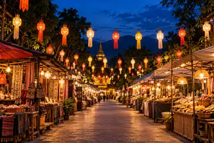 Chiang Mai night market with glowing lanterns over food and craft stalls at dusk