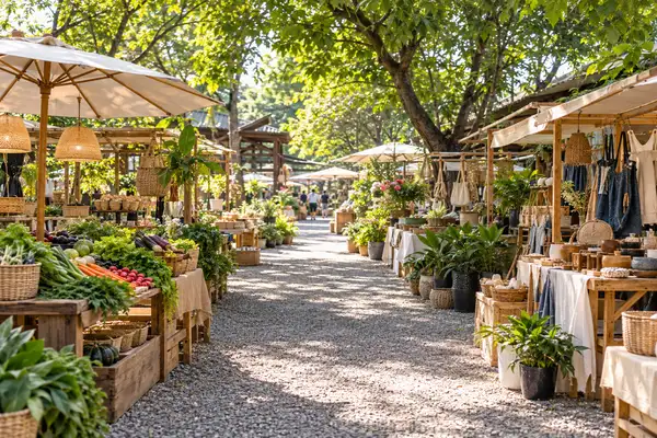 Weekend morning market in Chiang Mai with fresh produce, plants and handmade crafts under open tents