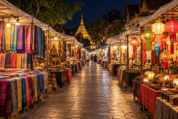 Chiang Mai Night Bazaar on Chang Khlan Road with rows of lit stalls and lanterns at night