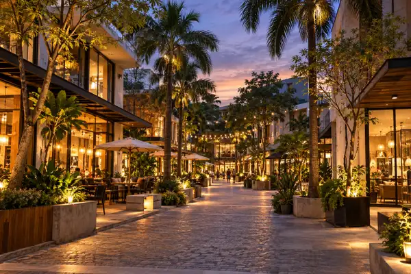 Courtyard shops and cafe lights in the Nimman area of Chiang Mai in the evening