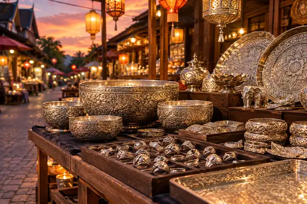 Close detail of handmade silver bowls and jewelry on a Chiang Mai night stall under warm lights