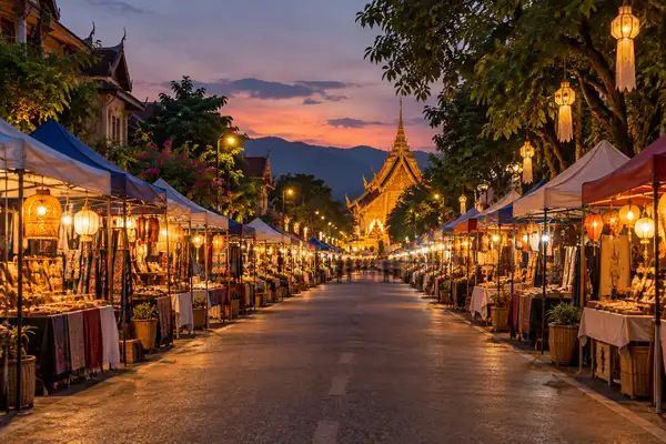 Old City street in Chiang Mai at dusk with stalls and lanterns along a closed road near a temple roof