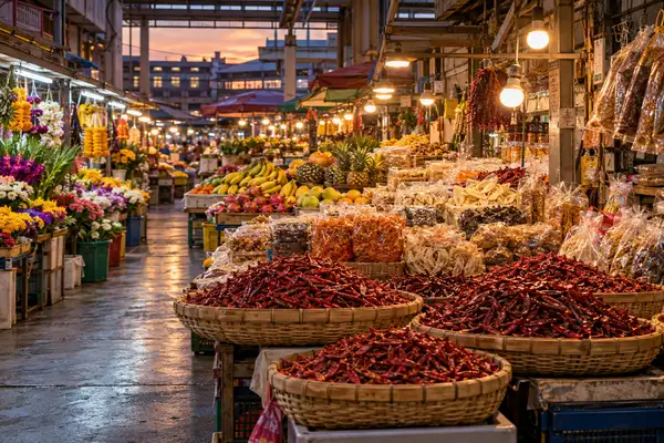 Stacks of fruit, dried snacks and spices on a busy local market stall in Chiang Mai