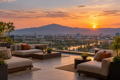 Indy Massage Chiang Mai: Chiang Mai rooftop bars guide hero, hotel rooftop terrace at sunset over the city