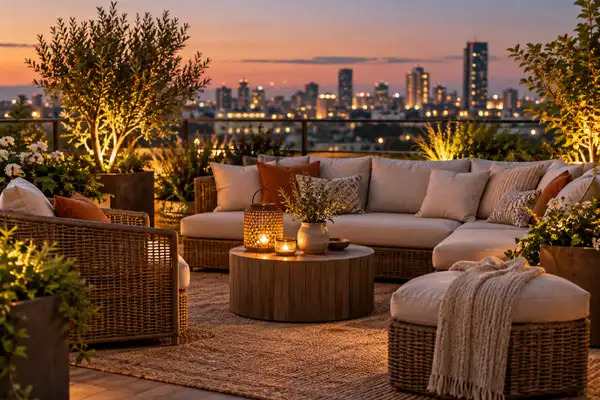 Indy Massage Chiang Mai: rooftop lounge corner with cushioned seats, lanterns and plants in the evening