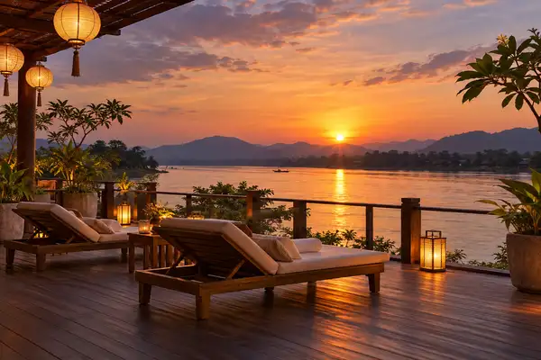 Indy Massage Chiang Mai: riverside resort rooftop deck at dusk with paper lanterns over the Ping River