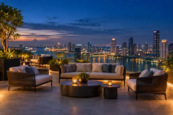 Indy Massage Chiang Mai: sky bar terrace on a high hotel floor with a glass rail and city lights below