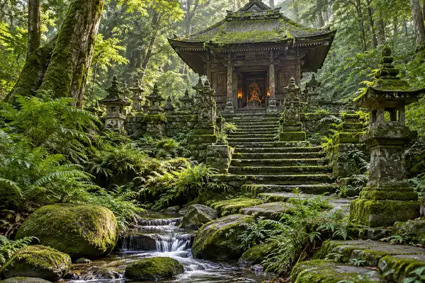 Mossy stone steps and small shrines beside a stream at a forest temple