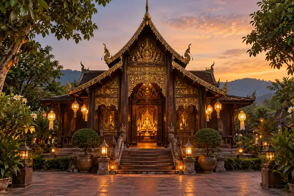 Dark teak temple hall with carved doors and a gold decorated gable