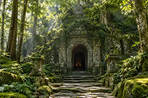Old stone tunnel entrance in a mossy hillside at a forest temple