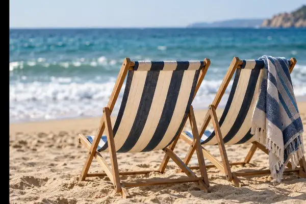 Two striped beach chairs and a towel on the sand with the sea behind