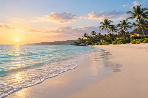 Quiet Na Jomtien beach with low villas and palm trees behind the sand in soft morning light