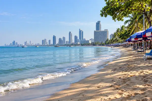 Pattaya Beach in the morning with shade trees, beach umbrellas and the city skyline in the distance