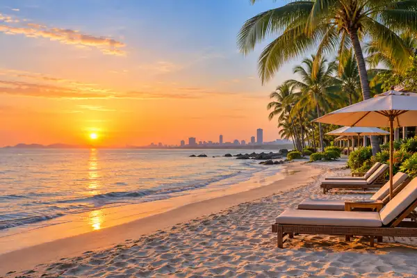 Quiet Wong Amat Beach at sunrise with soft sand, palms and empty sun loungers