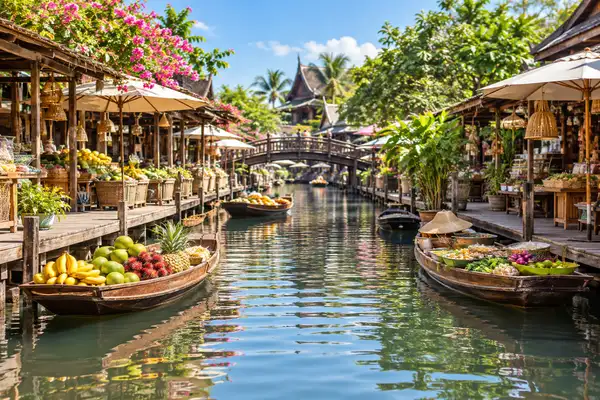 Indy Massage Pattaya: Wooden walkways over a canal with small boats and food stalls at the Pattaya Floating Market