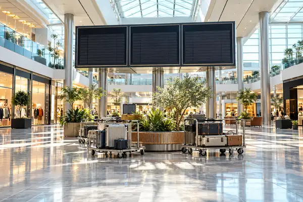 Indy Massage Pattaya: mall atrium styled like an airport terminal with blank departure style panels