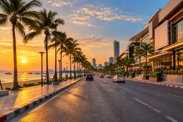 Indy Massage Pattaya: Beach Road in Pattaya at golden hour with palm trees, the sea and a mall facade