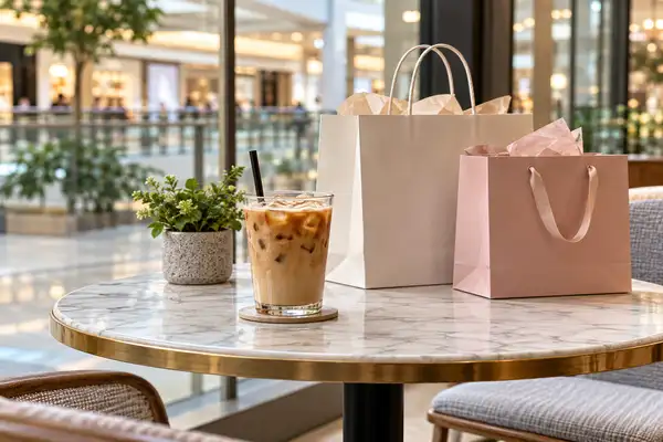 Indy Massage Pattaya: cafe table with an iced coffee and two shopping bags beside a mall window