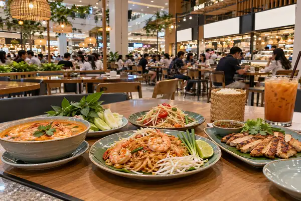 Indy Massage Pattaya: busy mall food court in Thailand with tables and plates of Thai dishes