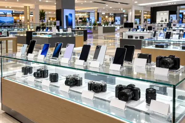 Indy Massage Pattaya: electronics floor of a mall with phones and cameras on glass counters