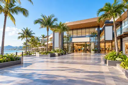 Indy Massage Pattaya: Pattaya malls guide hero, bright beachfront shopping mall entrance with palm trees