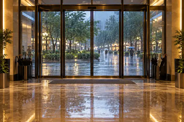 Indy Massage Pattaya: mall glass entrance with heavy rain outside and umbrellas by the door