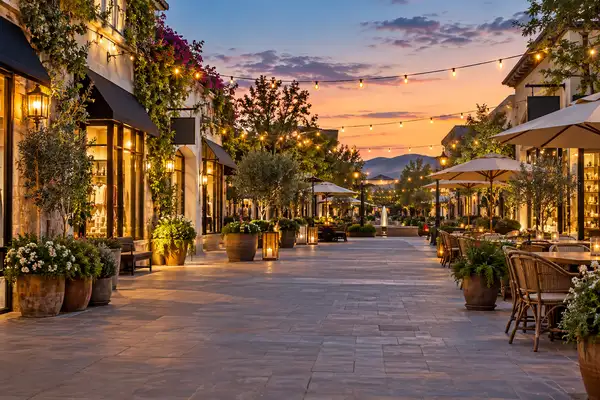 Indy Massage Pattaya: open air street mall with cafes, shops and string lights in the early evening