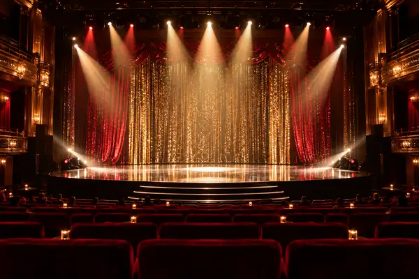 Indy Massage Pattaya: cabaret stage with sequin curtains, spotlight beams and red velvet seats