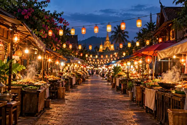 Indy Massage Pattaya: Thai night market lane with food stalls and strings of warm lanterns