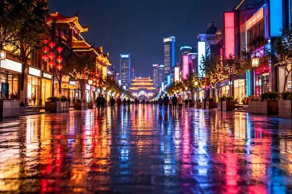 Indy Massage Pattaya: pedestrian street at night with glowing lights seen from far behind the crowd