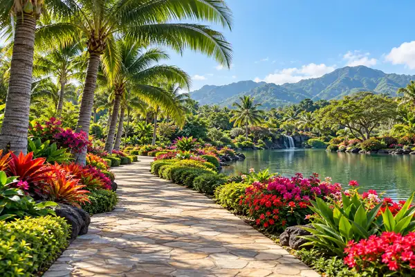 Indy Massage Pattaya: Palm lined path with flower beds and a small lake in Nong Nooch Tropical Garden near Pattaya