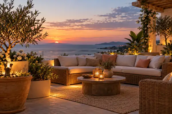 Indy Massage Pattaya: rooftop lounge corner with cushioned seats, lanterns and plants in the evening