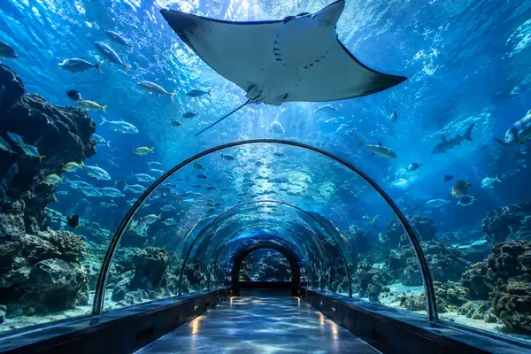 Indy Massage Pattaya: Glass aquarium tunnel with fish and a ray swimming overhead at Underwater World Pattaya